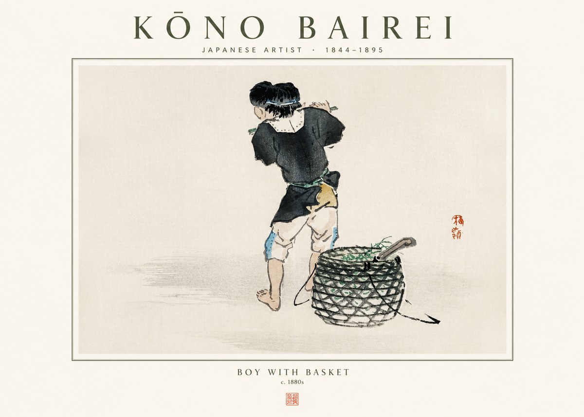 Kōno Bairei Boy with Basket No1 - Plakat