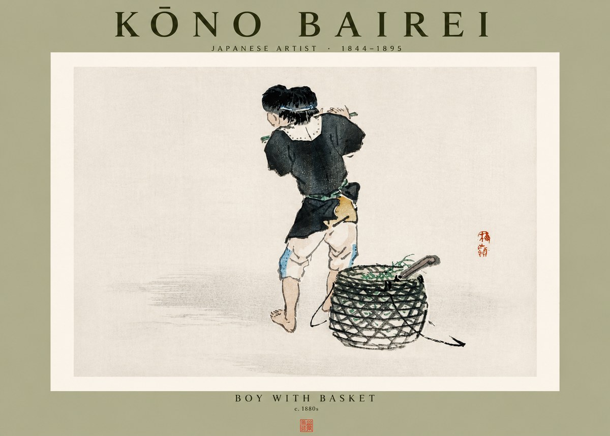 Kōno Bairei Boy with Basket No4 - Plakat
