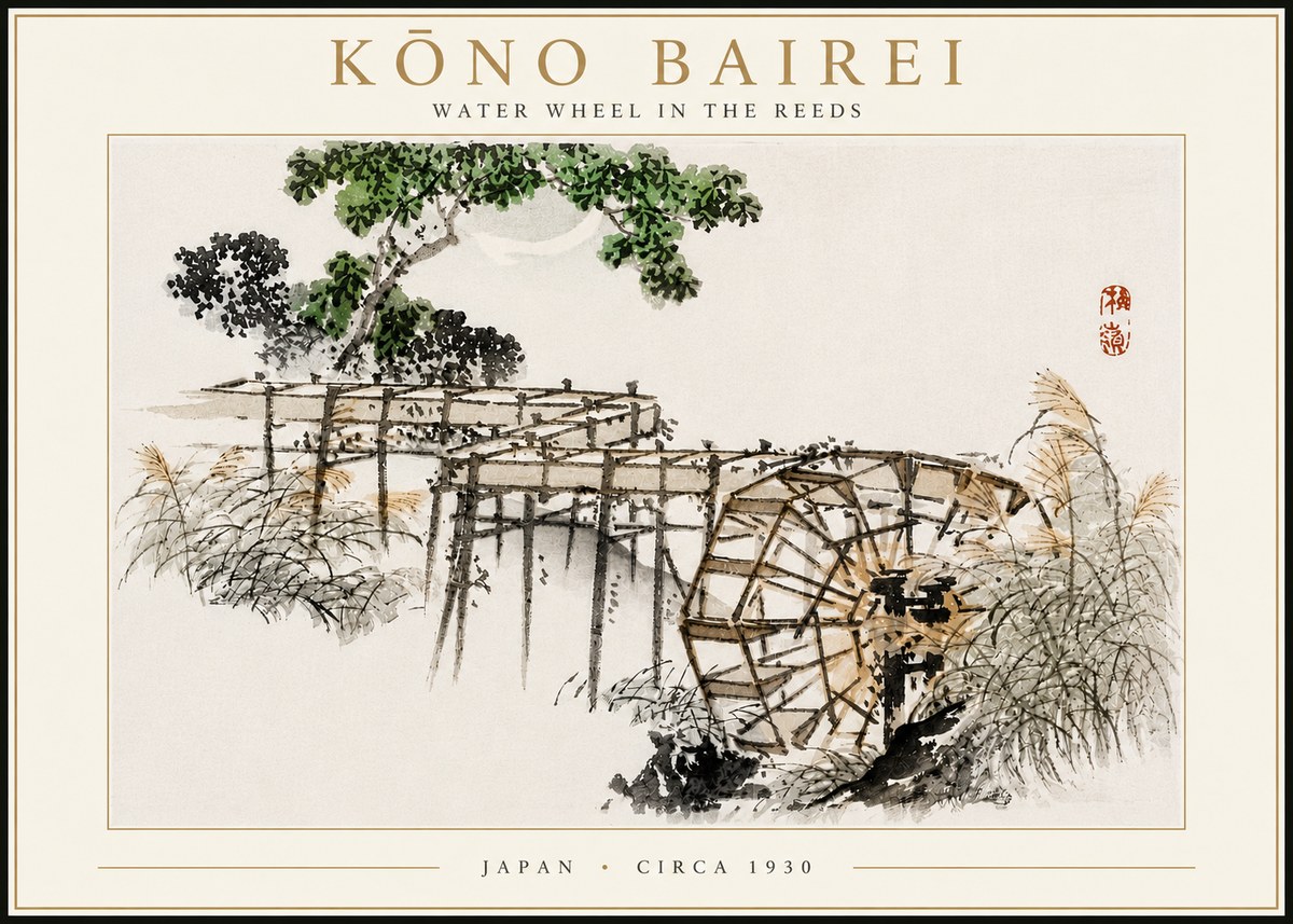 Kōno Bairei Water Wheel in the Reeds No4 - Plakat