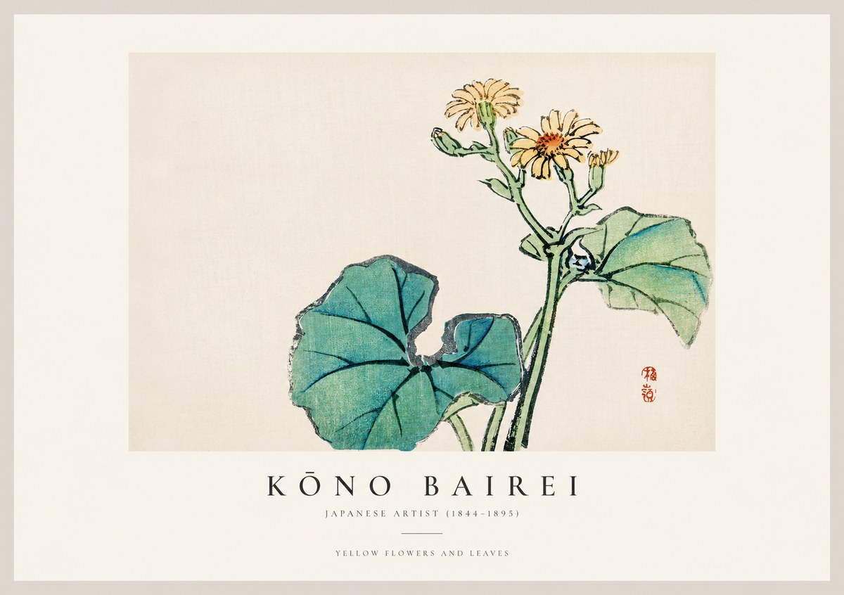 Kōno Bairei Yellow Flowers and Leaves No1 - Plakat