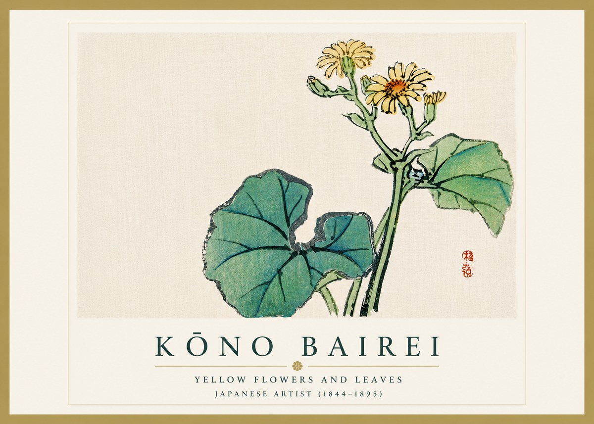 Kōno Bairei Yellow Flowers and Leaves No6 - Plakat