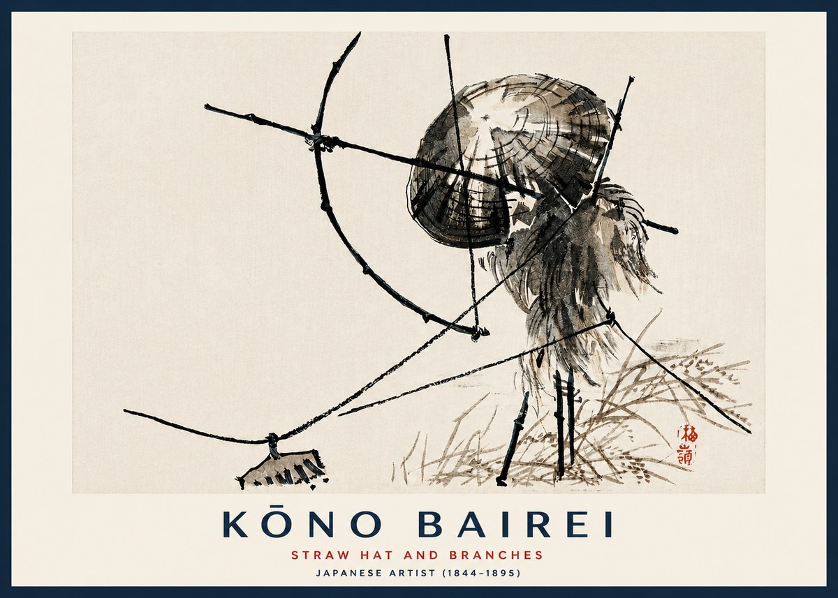 Kōno Bairei Straw Hat and Branches No3 - Plakat