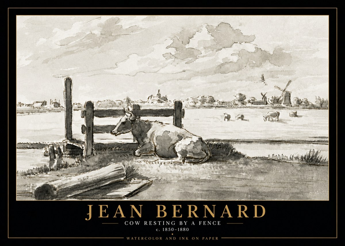 Jean Bernard Cow Resting by a Fence No5 - Plakat
