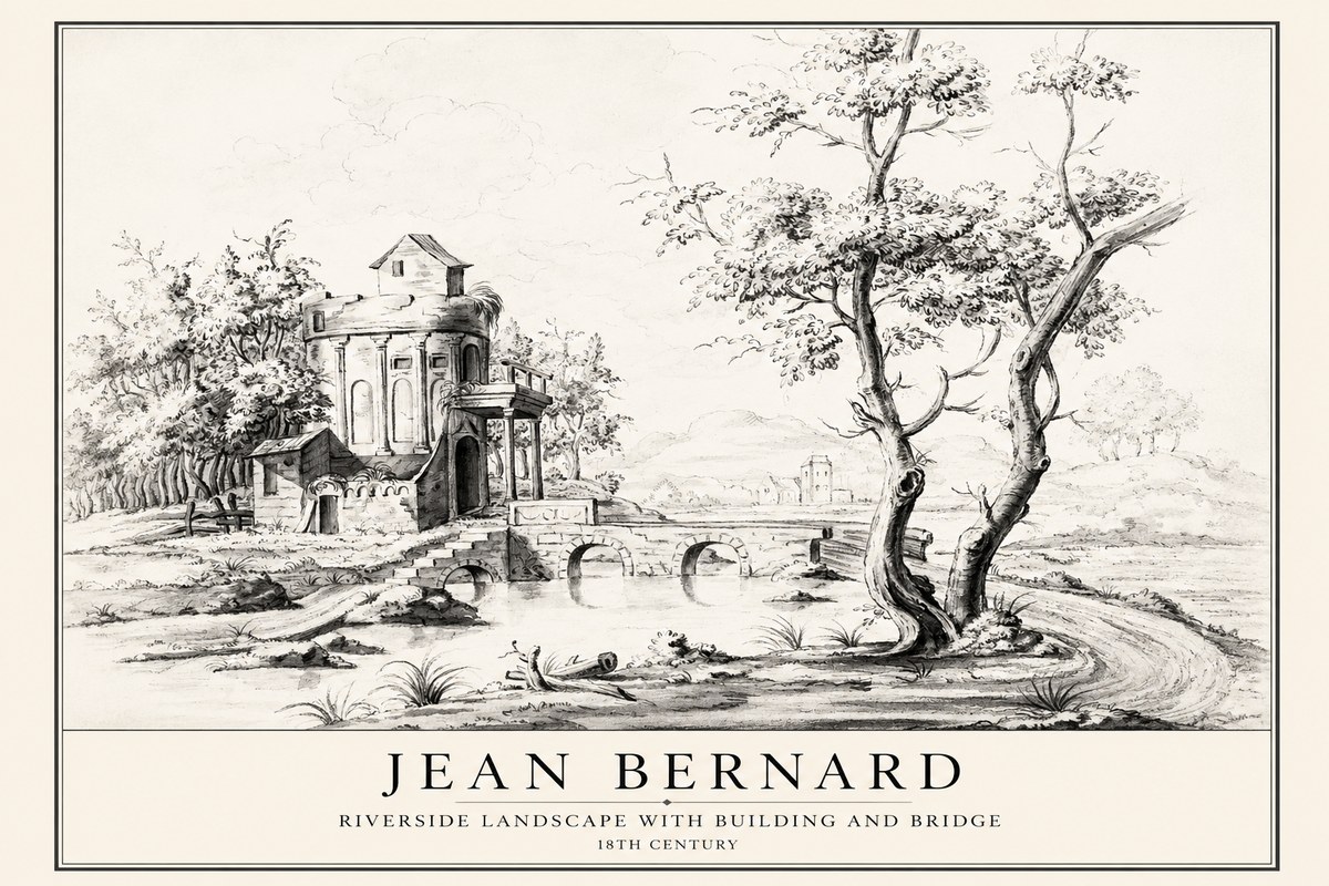 Jean Bernard Riverside Landscape with Bridge and Tower No4 - Plakat