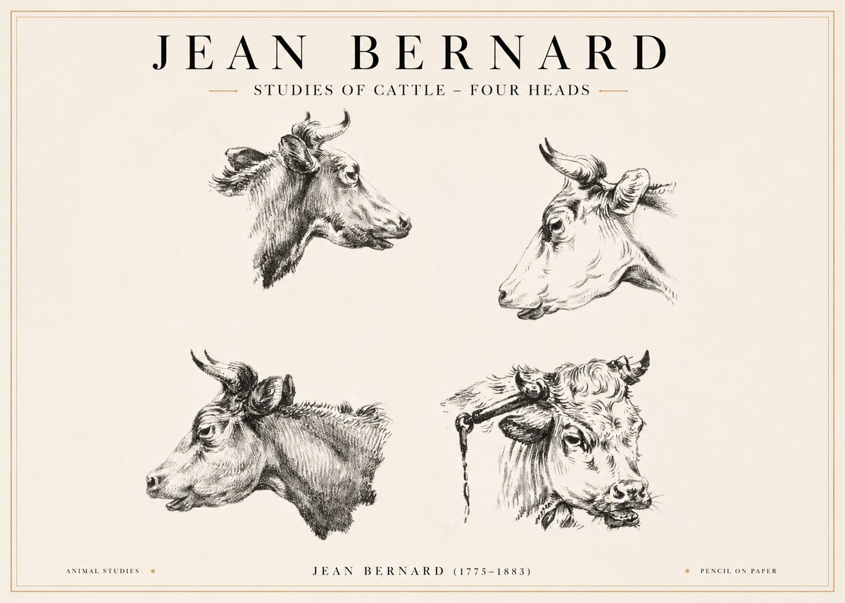 Jean Bernard Studies of Cattle - Four Heads No1 - Plakat