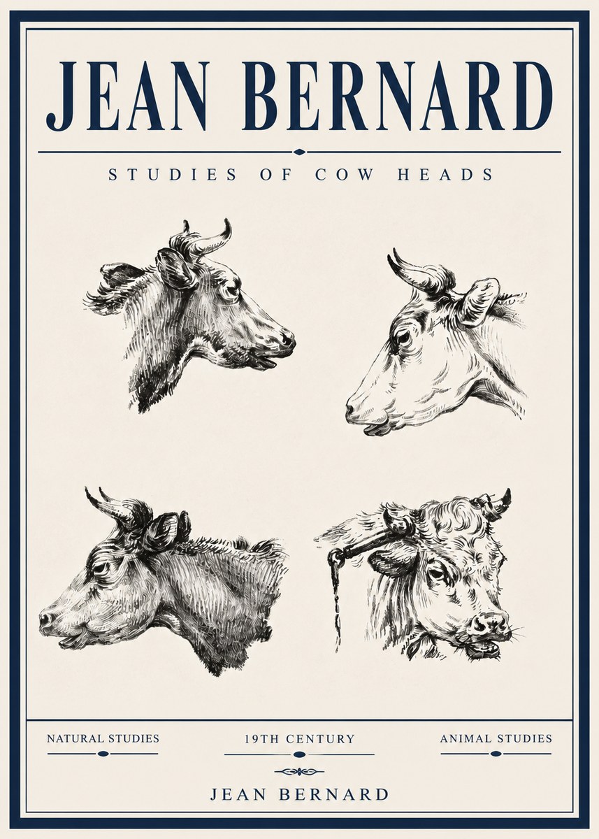 Jean Bernard Studies of Cattle - Four Heads No6 - Plakat