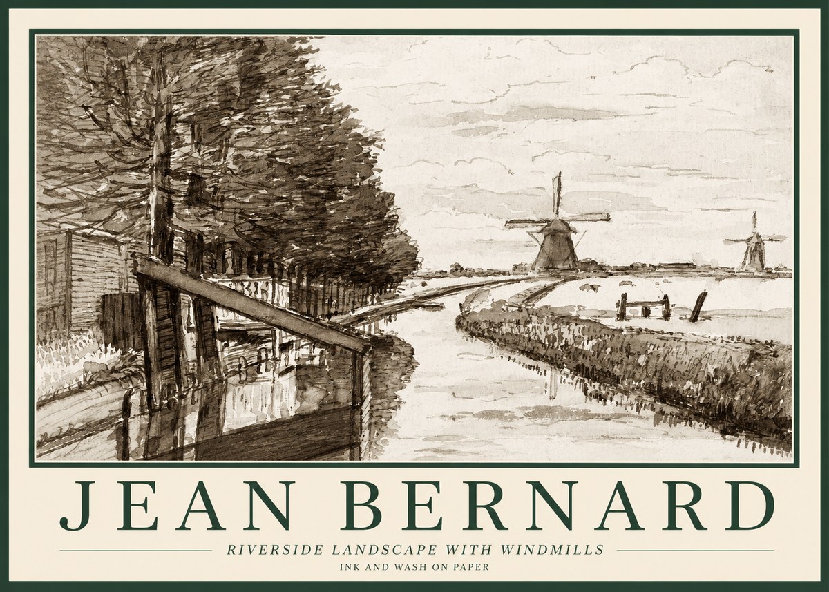 Jean Bernard Riverside Landscape with Windmills No1 - Plakat