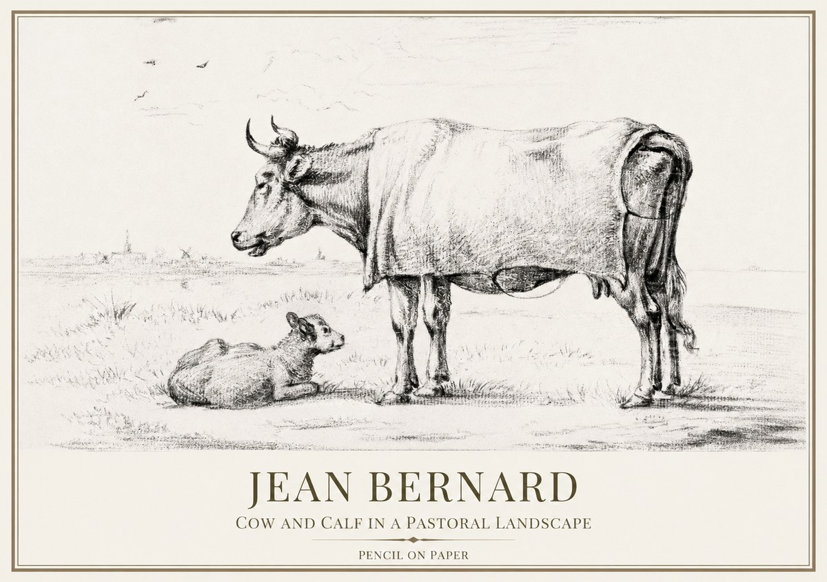 Jean Bernard Cow and Calf in a Pastoral Landscape No1 - Plakat