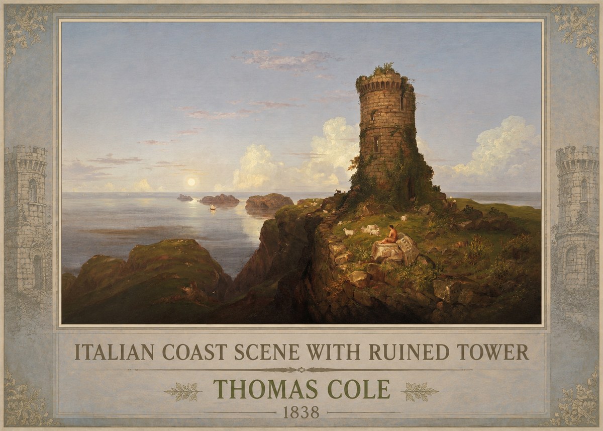 Thomas Cole Italian Coast Scene with Ruined Tower I No1 - Plakat