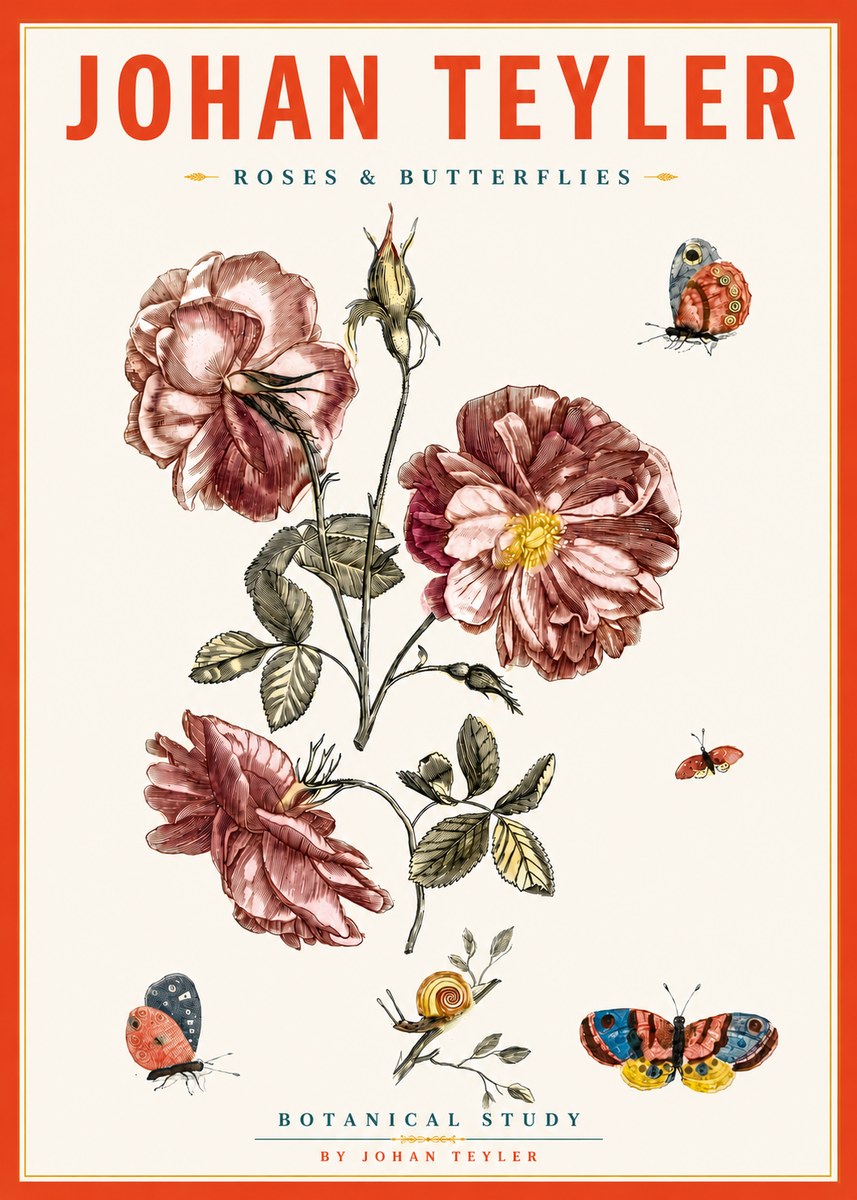 Johan Teyler Roses & Butterflies - Botanical Study No5 - Plakat