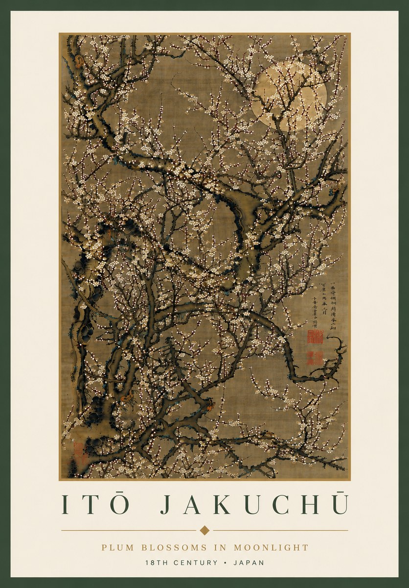 Itō Jakuchū Plum Blossoms in Moonlight No8 - Plakat