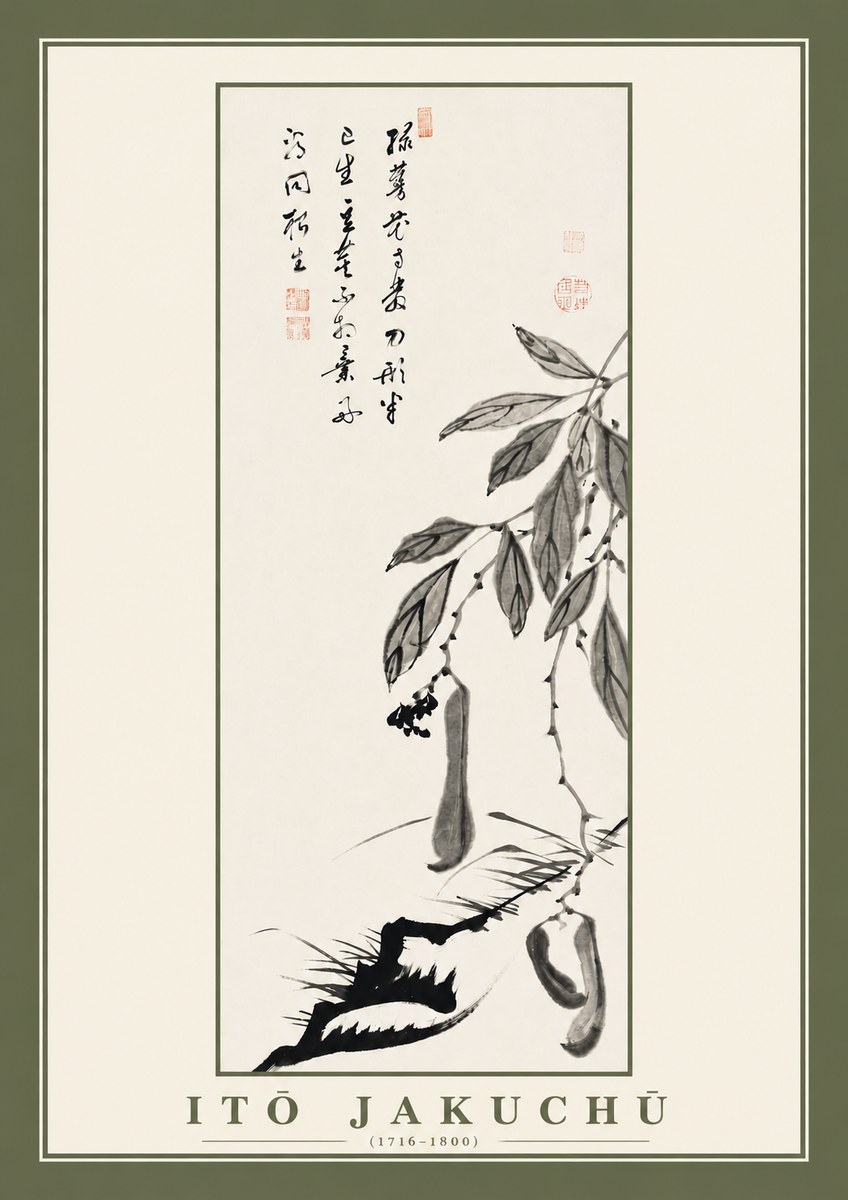 Itō Jakuchū Branch with Pods and Calligraphy No2 - Plakat