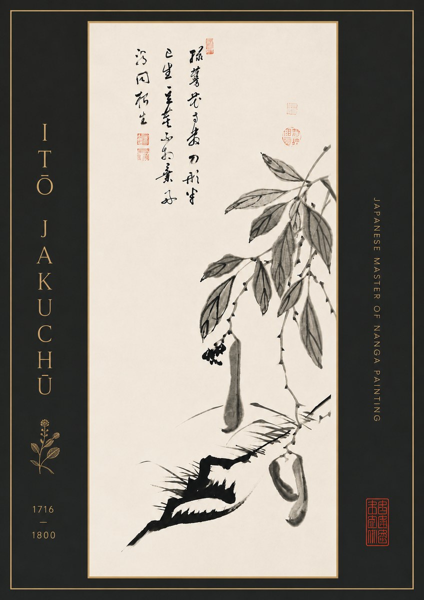 Itō Jakuchū Branch with Pods and Calligraphy No7 - Plakat