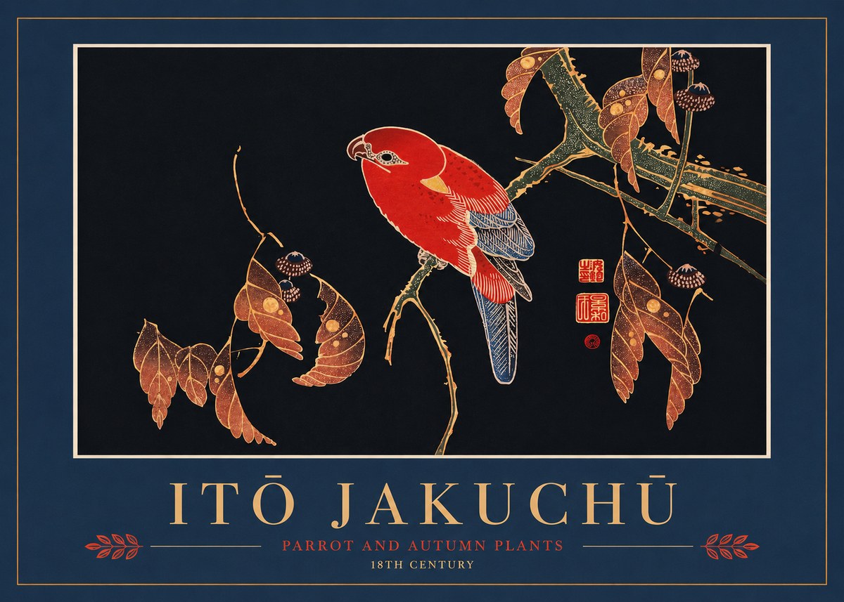 Itō Jakuchū Parrot and Autumn Plants No2 - Plakat