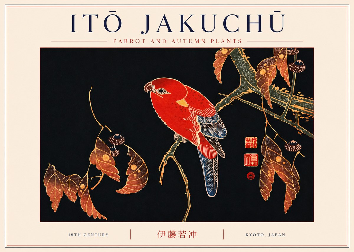 Itō Jakuchū Parrot and Autumn Plants No6 - Plakat