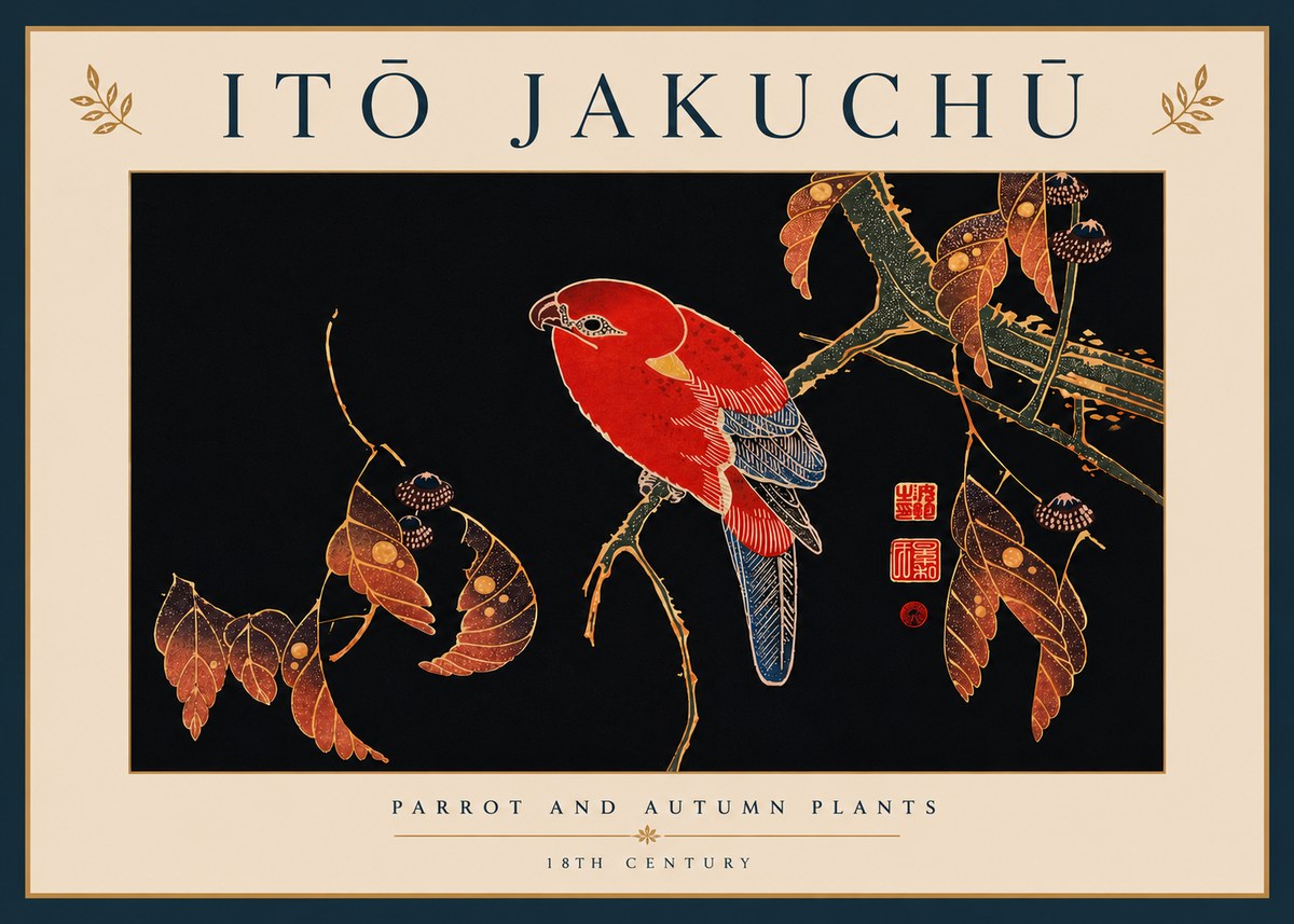Itō Jakuchū Parrot and Autumn Plants No8 - Plakat
