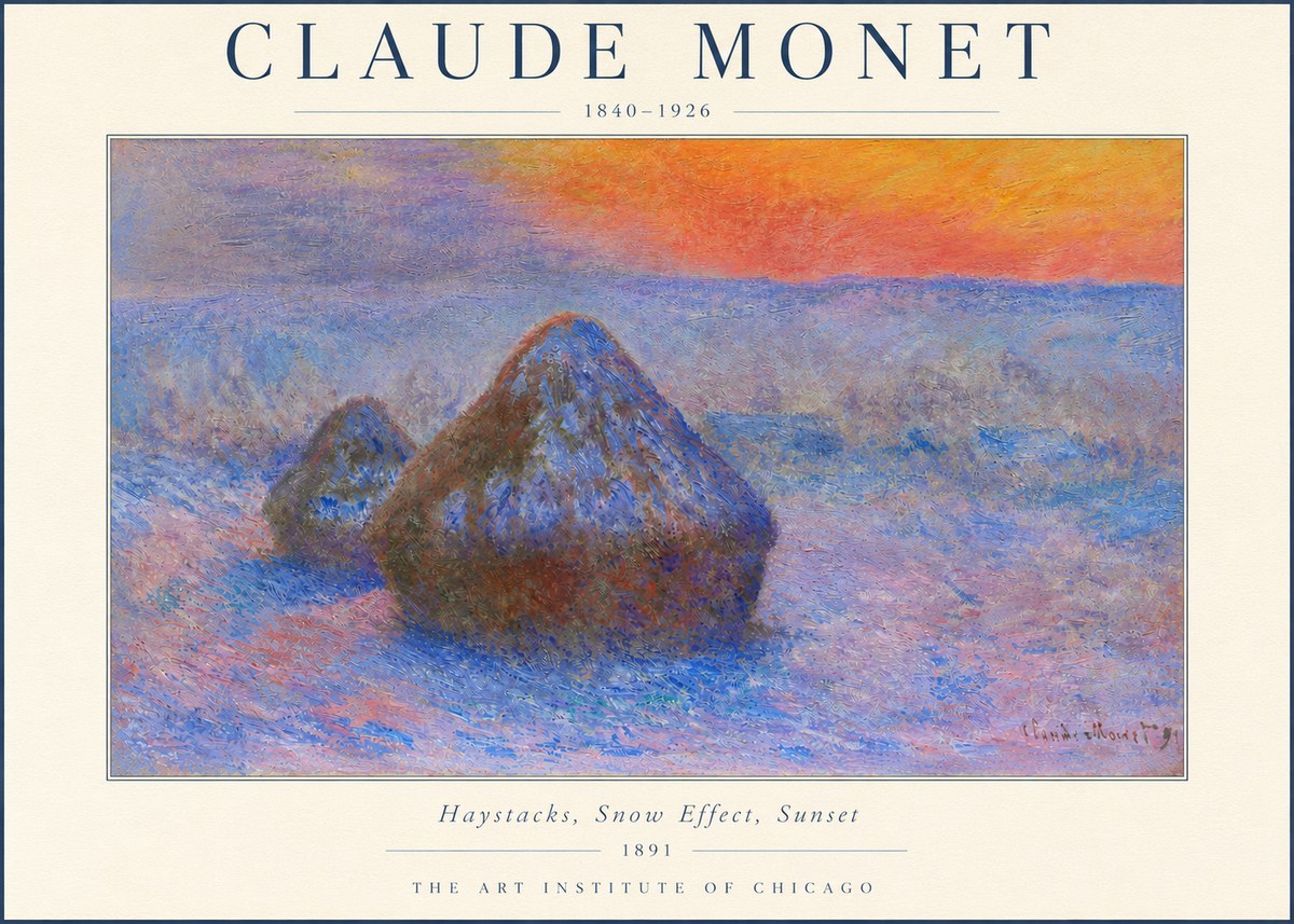Monet Haystacks, Snow Effect, Sunset No3 - Plakat
