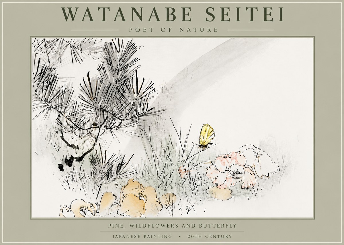 Watanabe Seitei Pine, Wildflowers and Butterfly No5 - Plakat