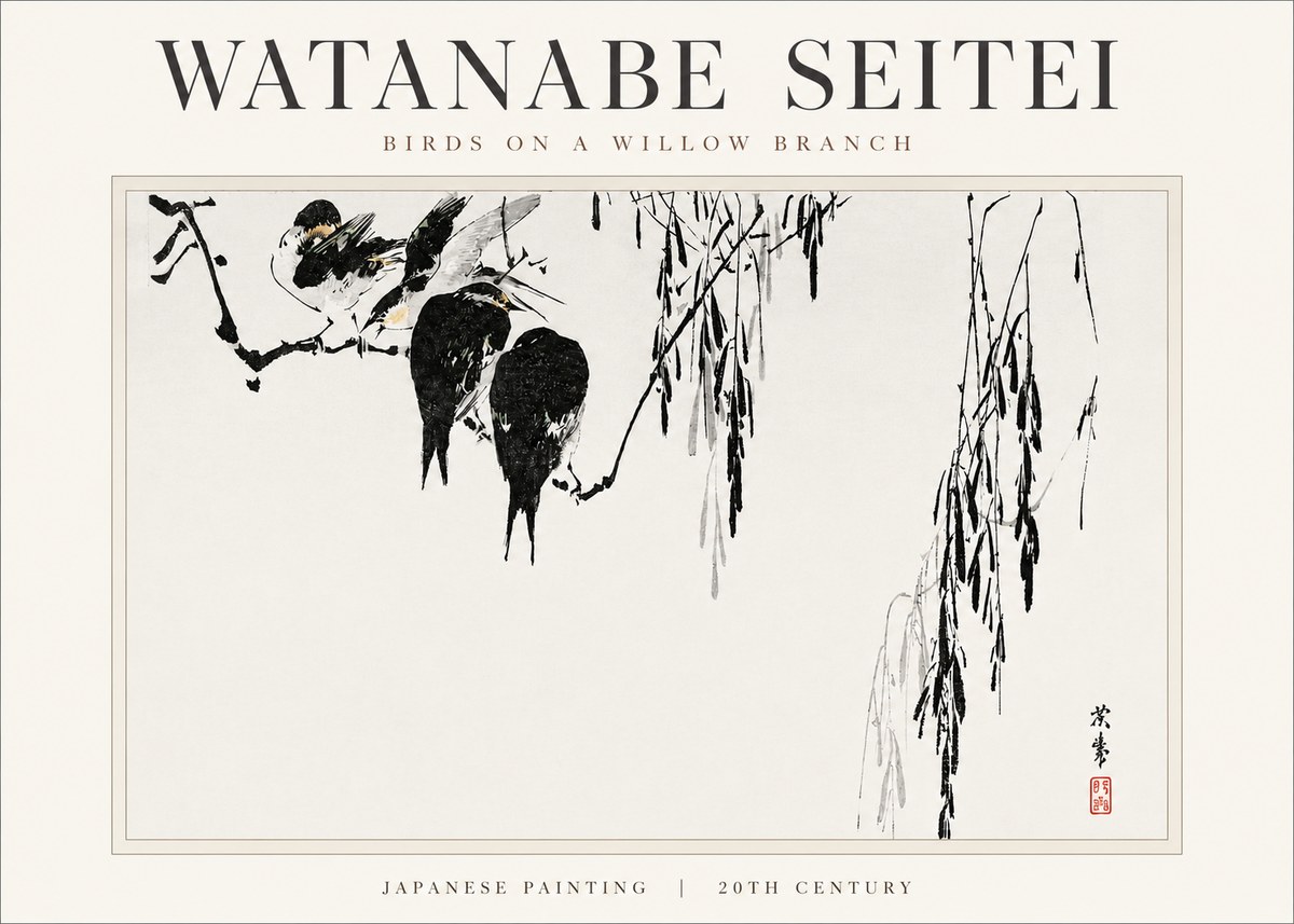 Watanabe Seitei Birds on a Willow Branch No3 - Plakat