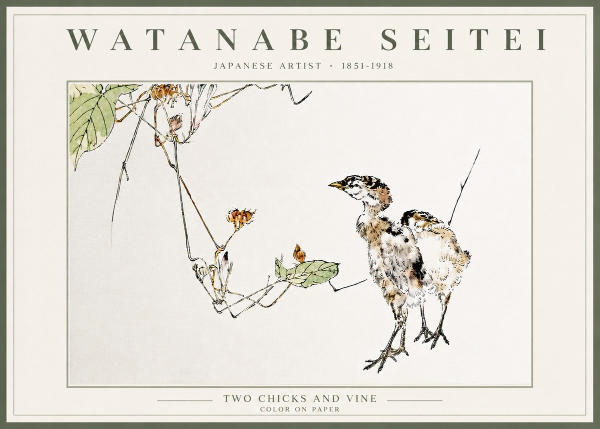 Watanabe Seitei Two Chicks and Vine No5 - Plakat