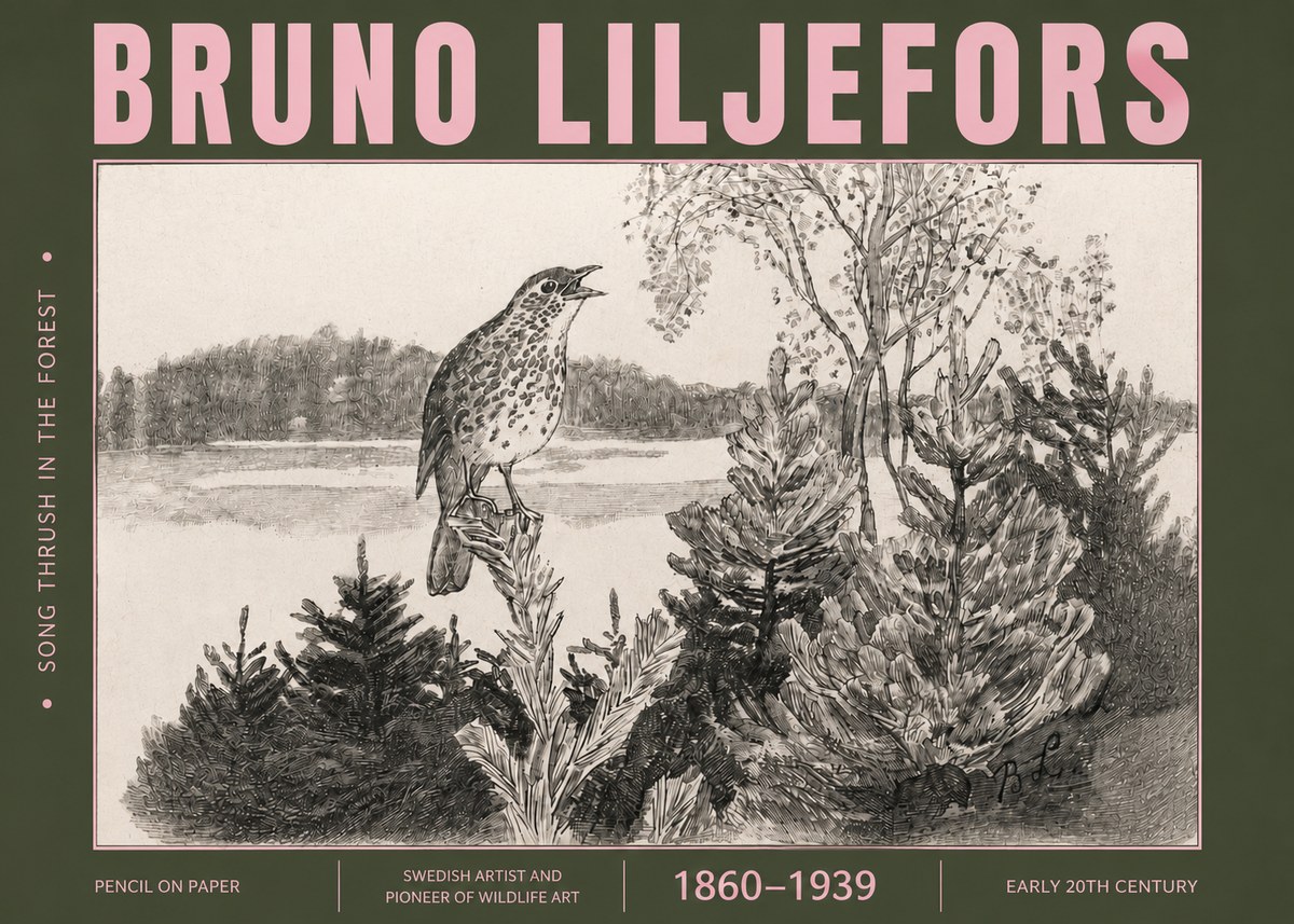 Bruno Liljefors Song Thrush in the Forest No4 - Plakat
