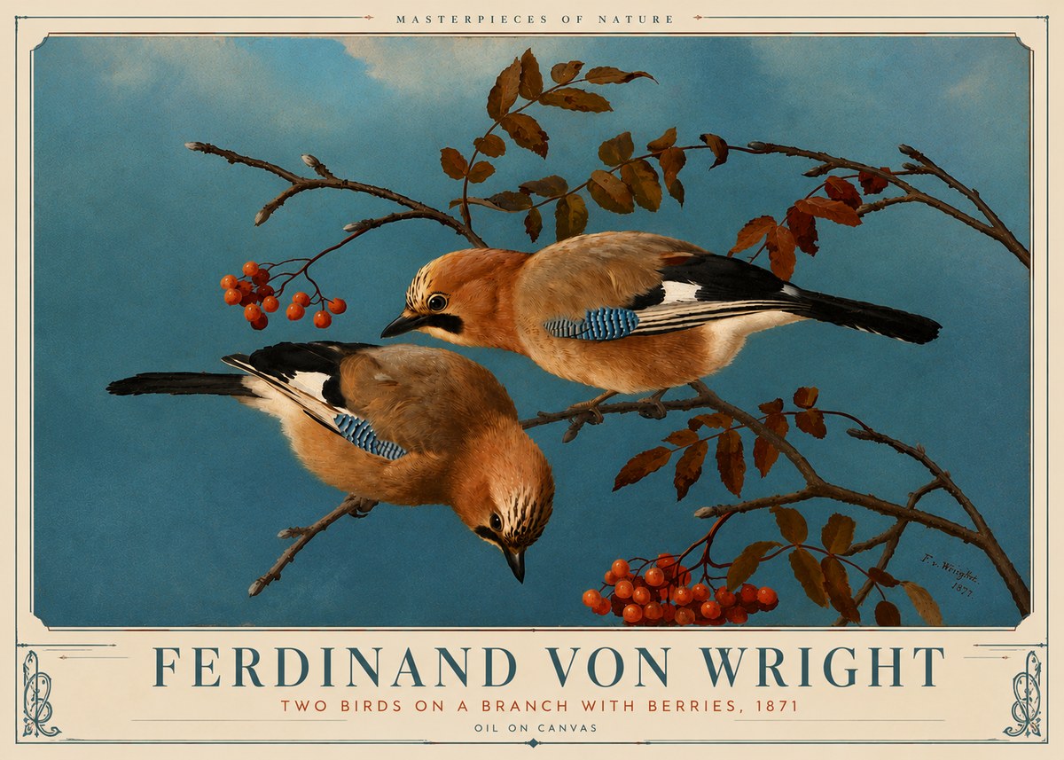 Ferdinand von Wright Two Birds on a Branch with Berries, 1871 No6 - Plakat