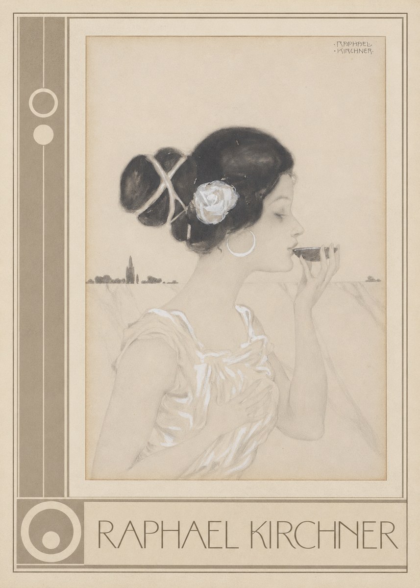 Raphael Kirchner Elegant Lady with Rose and Cup No3 - Plakat