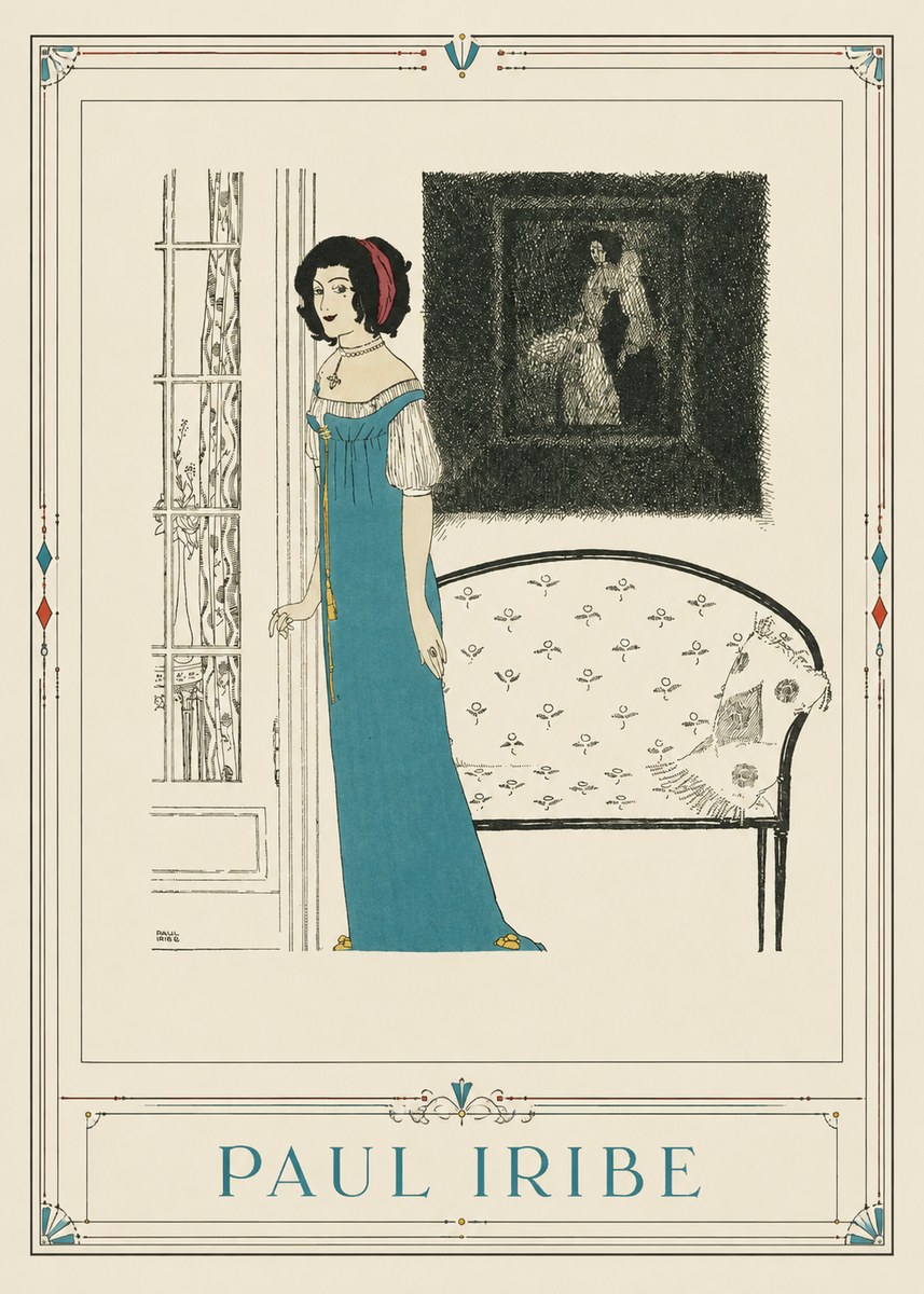 Paul Iribe Elegant Lady in Blue Dress No1 - Plakat